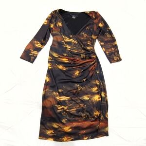 Bianca Nygard Golden Feather Print Fitted Evening Dress. Size 10